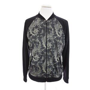 Topman Sz XL Men Full Zip Up Knit Bomber Jacket Paisley Scroll Print Black Gray